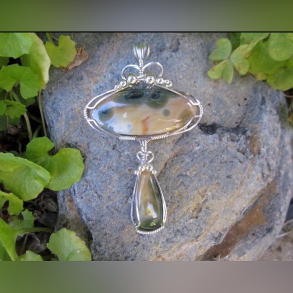 Vintage Ocean Jasper Double Stone Sterling Silver Wire Wrapped Pendant - Picture 3 of 5